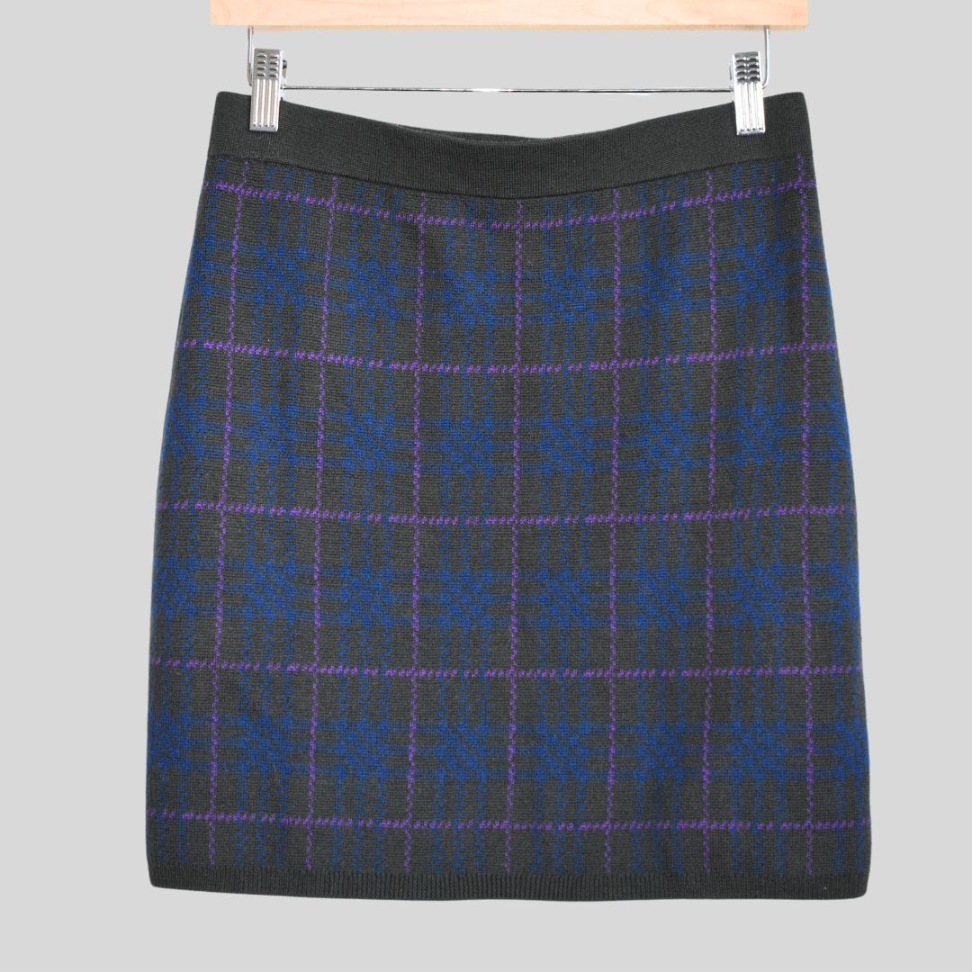 Jigsaw 100% Wool Knit Plaid Mini Skirt Gray Blue Plaid Pull On Stretchy Size M — image 3 of 8
